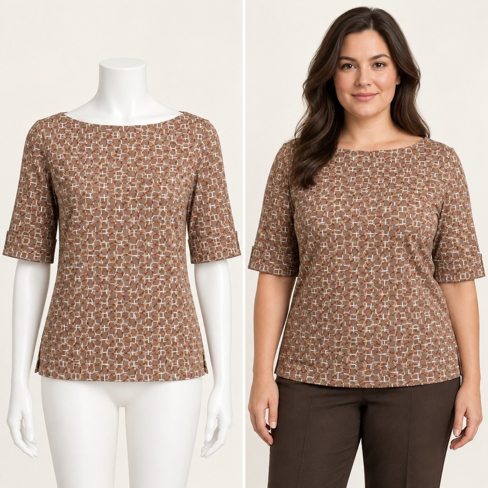 Lauren Ralph Lauren Shirt Women XL Brown Horsebit Print Boat Neck Cotton Stretch